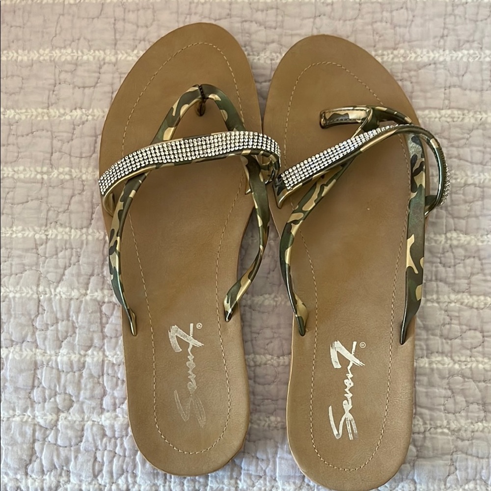 Seven7 Women's Camouflage Sandals with Rhinestone Detail.